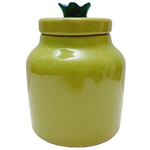 🍒 IKEA Green Glazed Stoneware Jar w/ Lid Blue Flower Knob